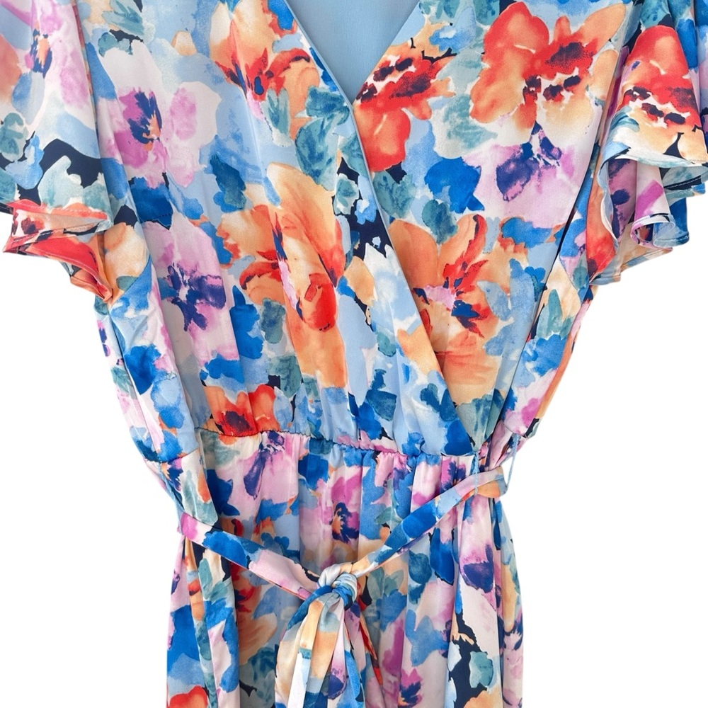 Nicole Miller Maxi Dress Large Faux Wrap Floral Flutter Sleeve V-Neck - Picture 8 of 15